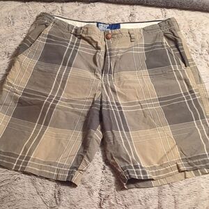 American Eagle Mens Plaid Chino Shorts Mid Rise 100% Cotton Brown Blue Size 36